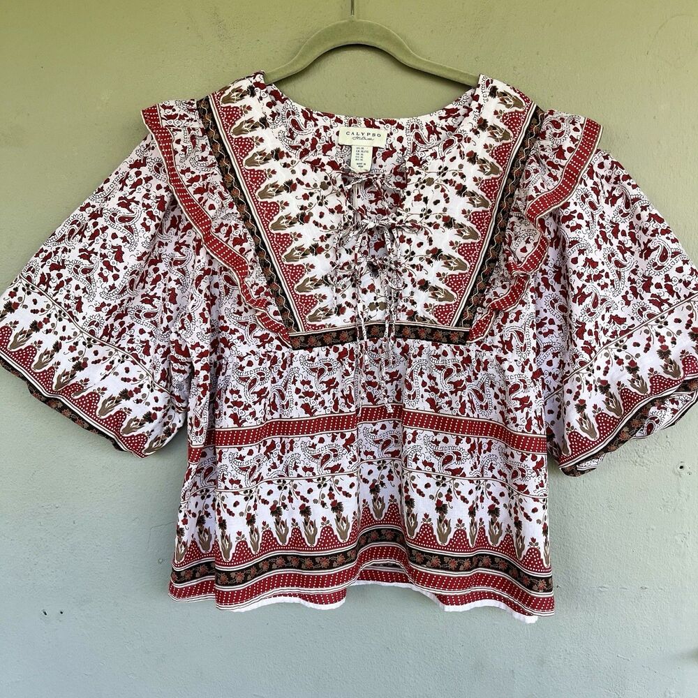 Calypso St Barth Blouse L Red Floral Paisley Ruffle Puff Sleeve Boho Cottagecore